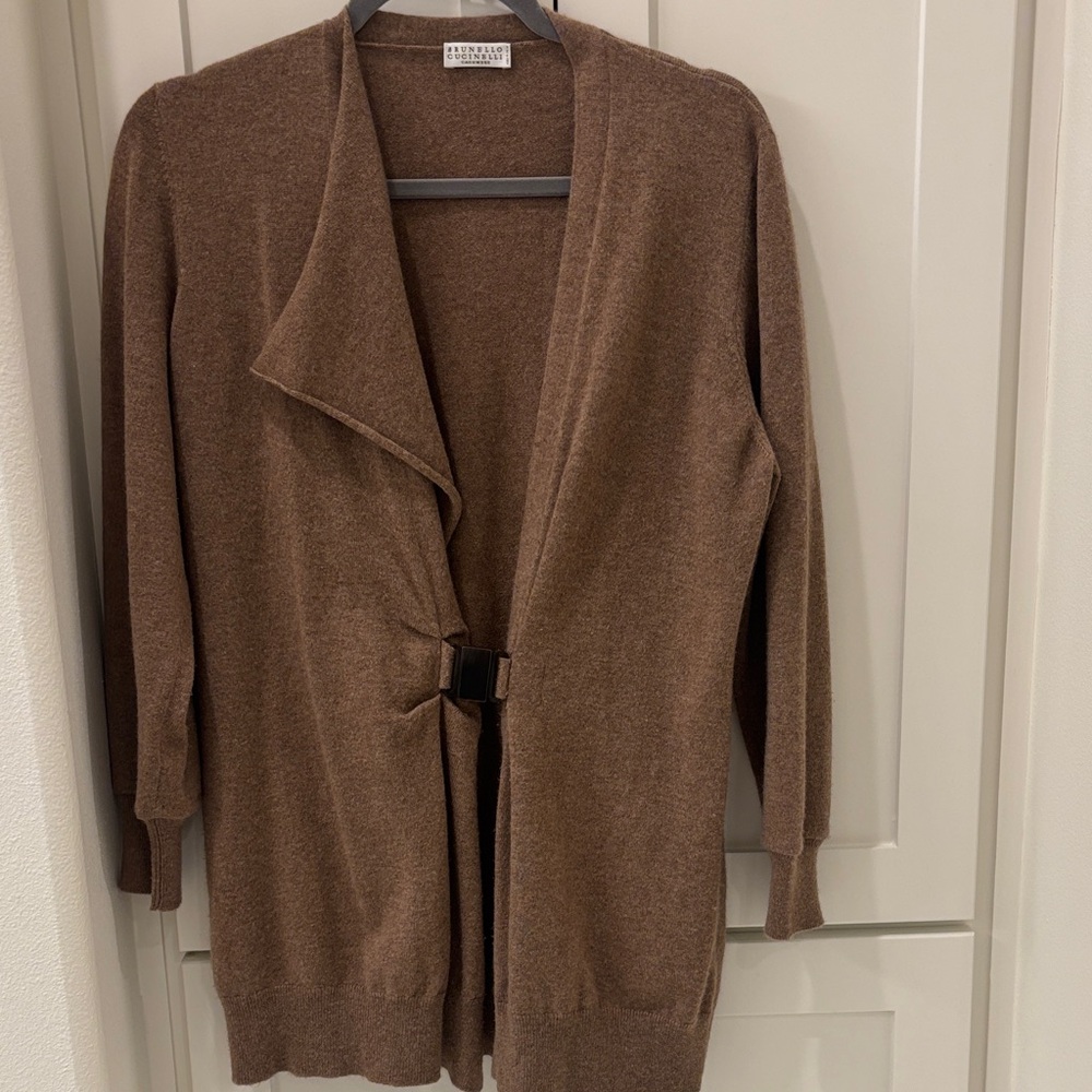 Brunello Cucinelli Brown Open-Front 100% Cashmere Cardigan with Front Buckle